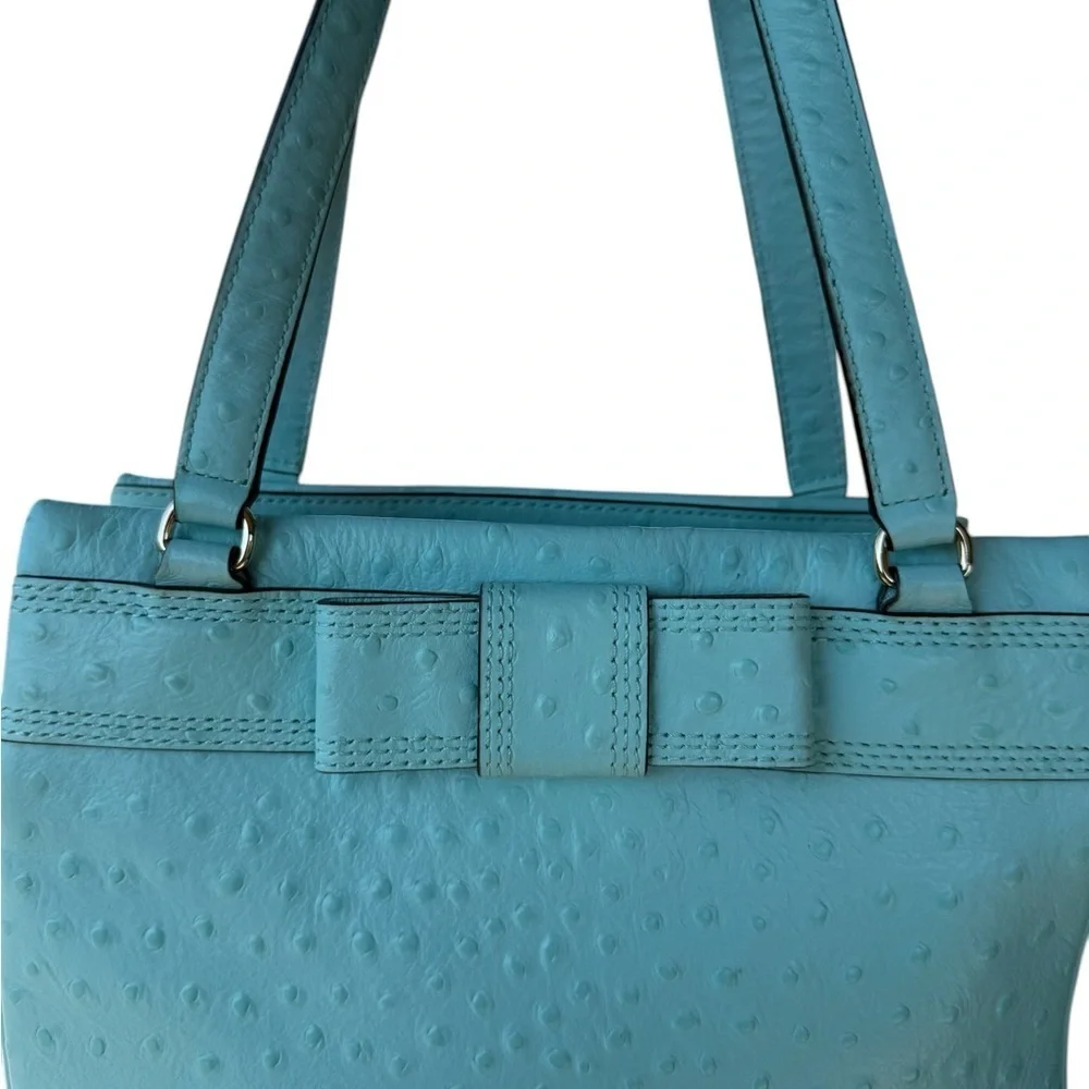 Kate Spade Robins Egg Blue Ostrich Design Embossed Leather W Bow Handbag 11x8 In